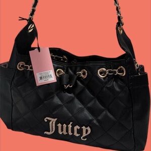 Juicy Couture Black Quilted Shoulder Bag with Gold Hardware and Bow Accent